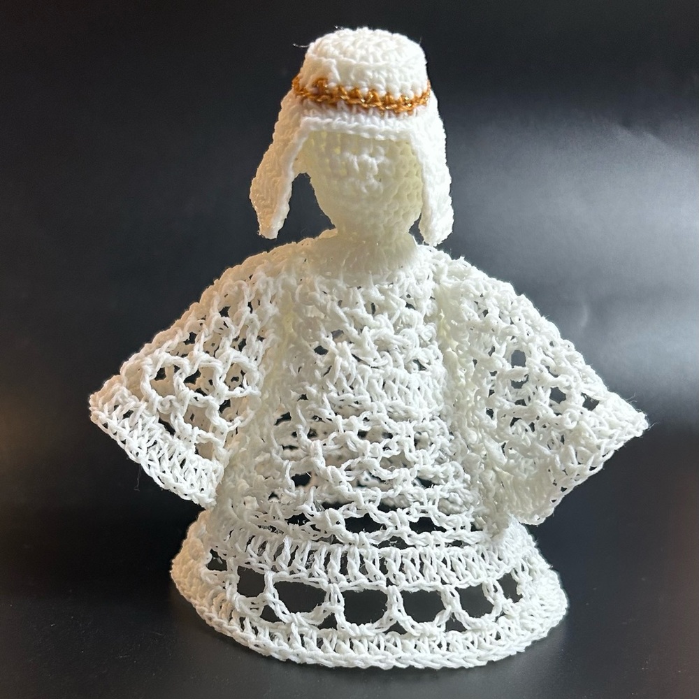Vintage Crochet Angel Christmas Tree Topper Starched White 5” Ornament Handmade